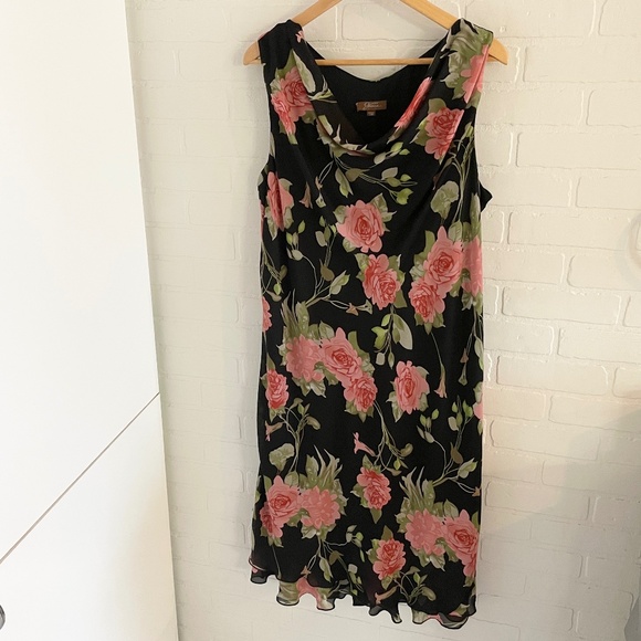 Vintage Y2K Midi Dress Dark Floral Fairy Romantic Roses Print Black Pink Sz 22W - Picture 1 of 15